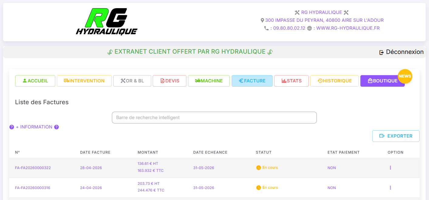 Interface extranet client RG-HYDRAULIQUE — liste des factures avec statut et état de paiement